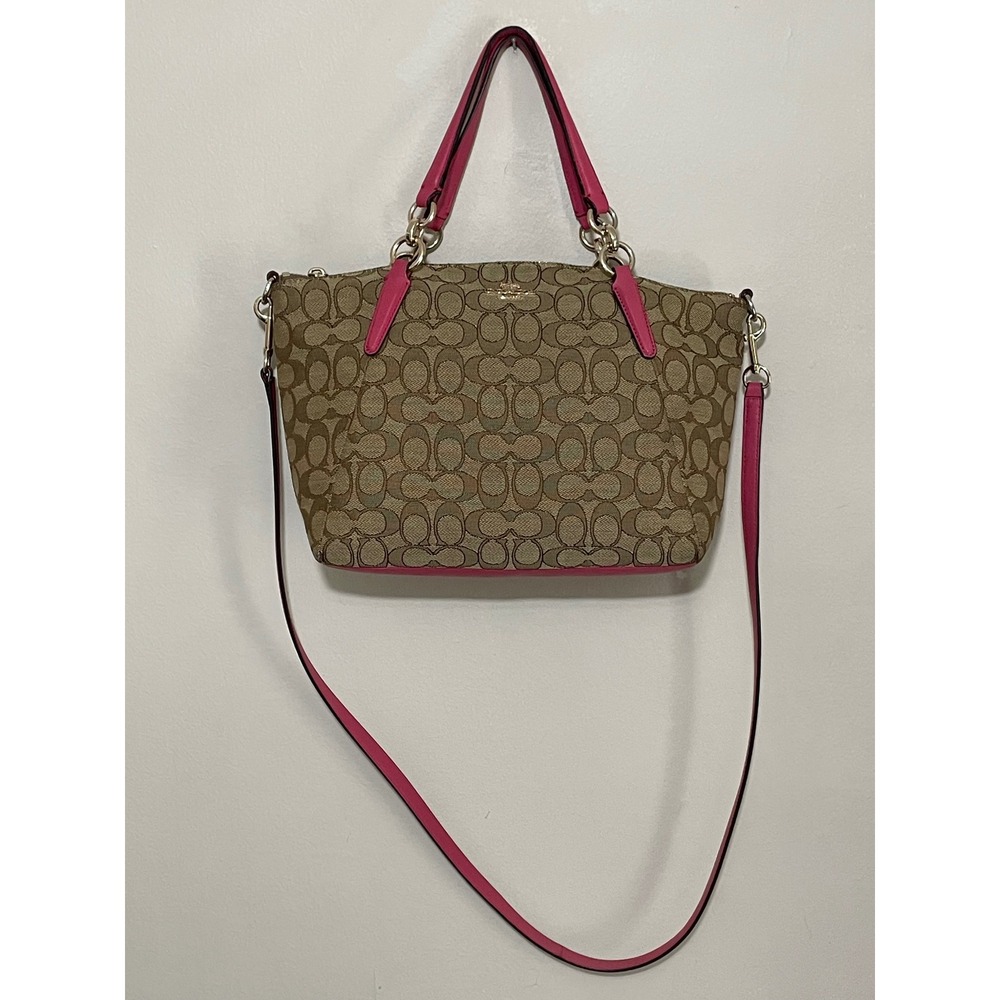 Coach Kelsey Signature Logo Canvas Leather F36625 Large Satchel Pink Khaki - Picture 3 of 14